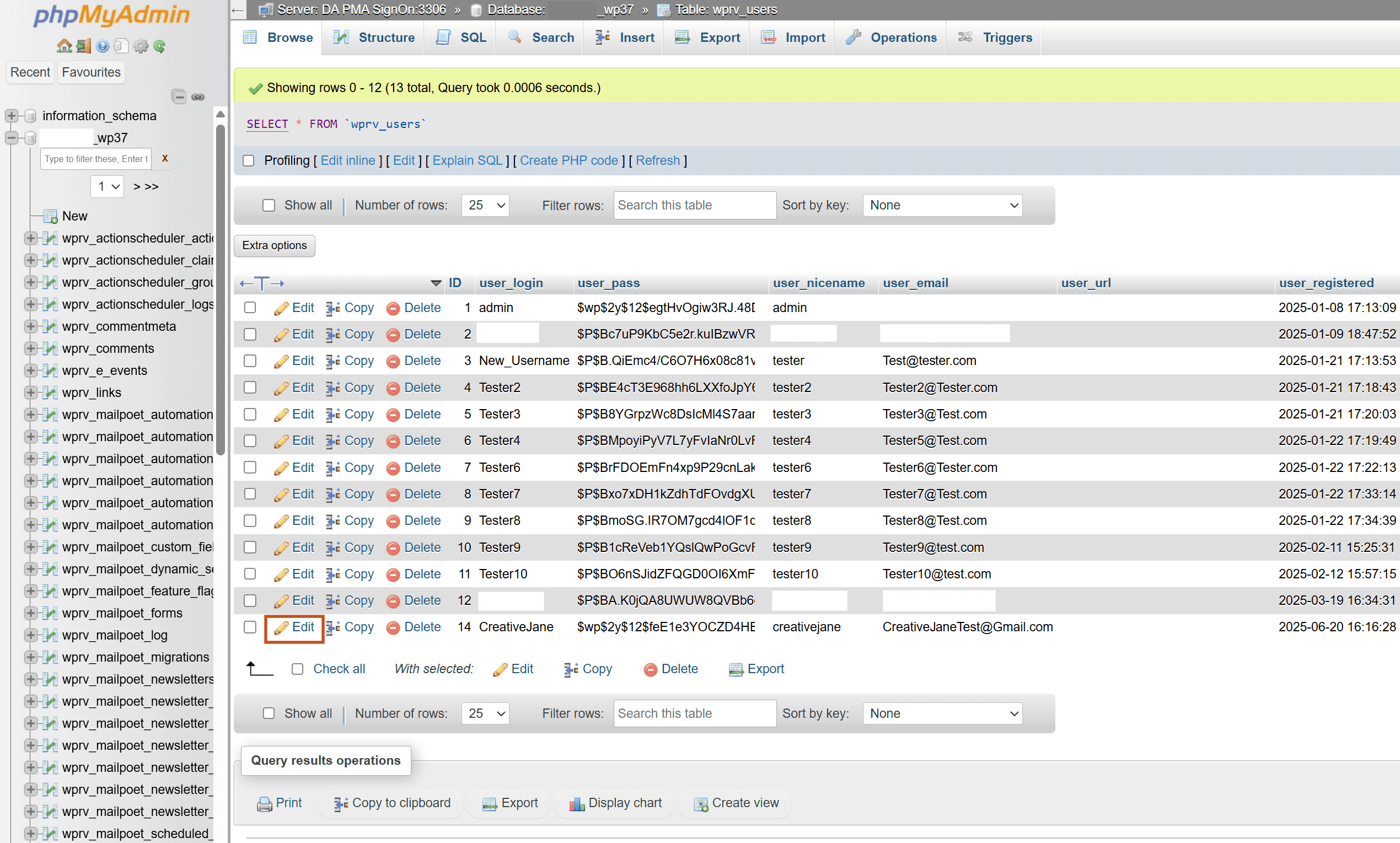 How to edit a row of data using PHPMyAdmin.