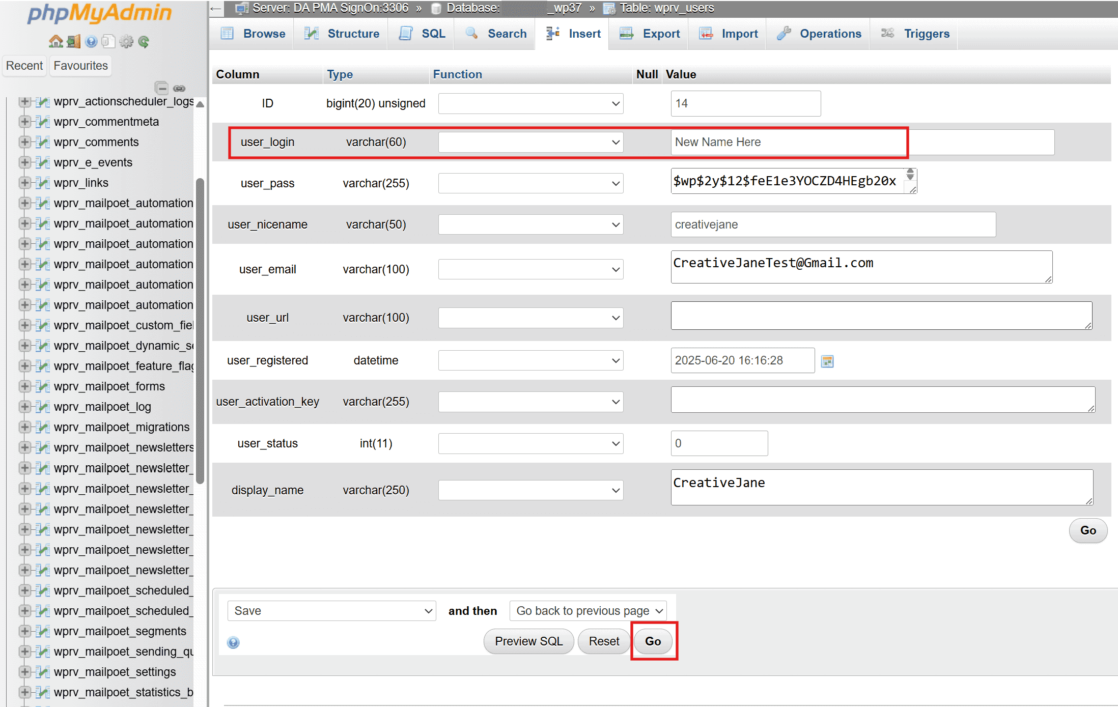 Screenshot of setting your new username using PHPMyAdmin.